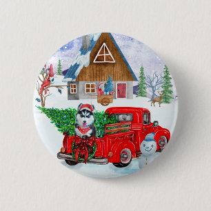 Macaron Rond 5 Cm Chien sibérien Husky dans la livraison de Noël Cam