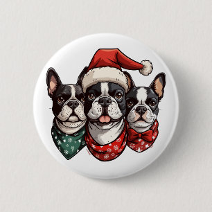 Macaron Rond 5 Cm Chiens de Noël Boston Terrier