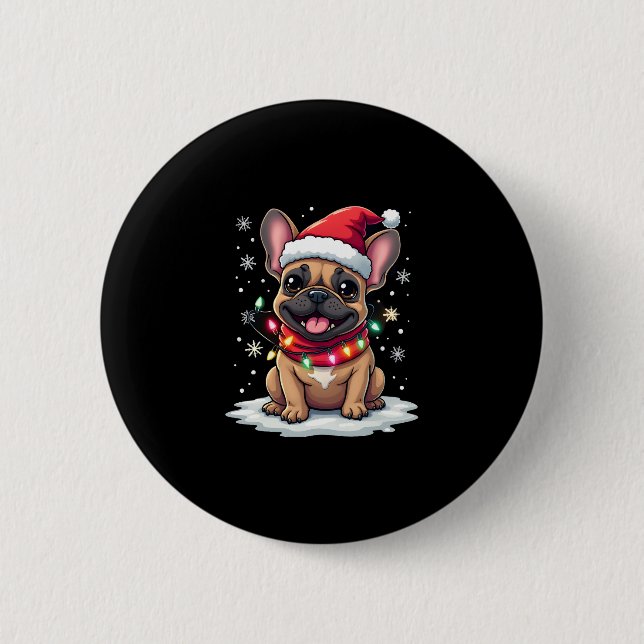 Macaron Rond 5 Cm Chiens de Noël Français Drôle Lumières de chapeau  (Devant)