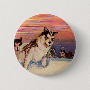 Macaron Rond 5 Cm Chiens de traîneau husky sibériens des années 1940