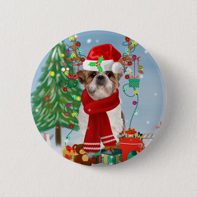 Macaron Rond 5 Cm Chih Tzu Chien dans Noël de neige (Devant)