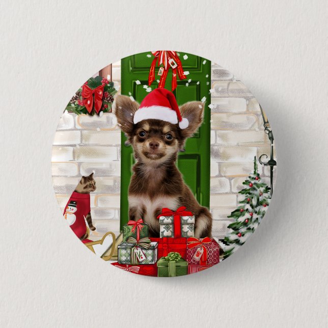 Macaron Rond 5 Cm Chihuahua Chien Noël (Devant)