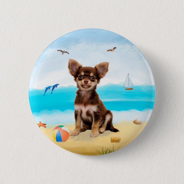 Macaron Rond 5 Cm Chihuahua Dog sur la plage (Devant)