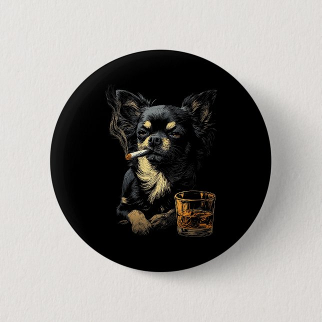Macaron Rond 5 Cm Chihuahua Smoking Cigarette Whisky Lover Funny Dog (Devant)