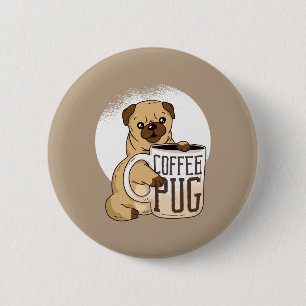 Macaron Rond 5 Cm chiot mignon de carlin avec une tasse de café