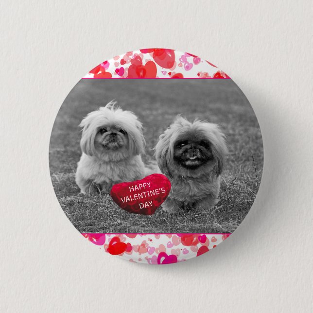 Macaron Rond 5 Cm Chiots Pekingese souhaitant Heureuse Sainte-Valent (Devant)