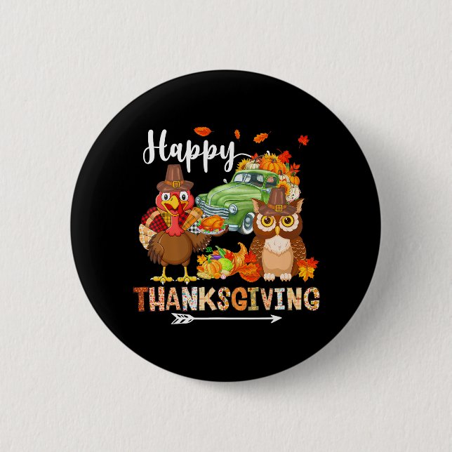 Macaron Rond 5 Cm Chouette de bon thanksgiving Turquie Camion de ram (Devant)