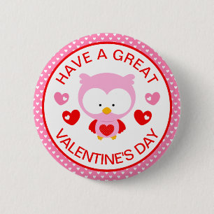 Macaron Rond 5 Cm Chouette rose mignonne et cœurs Saint-Valentin Com