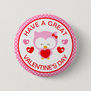 Macaron Rond 5 Cm Chouette rose mignonne et Saint-Valentin coeurs