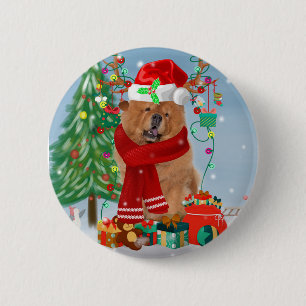 Macaron Rond 5 Cm Chow Chow Chien en neige avec cadeaux de Noël