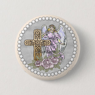 Macaron Rond 5 Cm Christian Angel Bouton Croix Rose