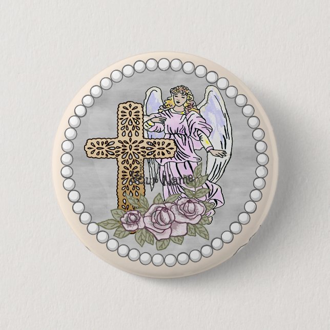Macaron Rond 5 Cm Christian Angel Bouton Croix Rose (Devant)