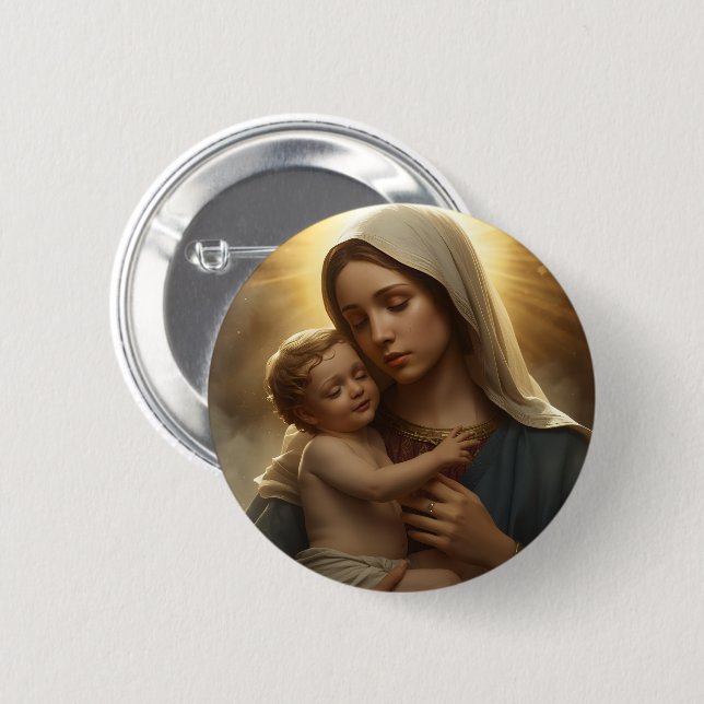 Macaron Rond 5 Cm Christian Faith Pin Button | Mother Mary and Jesus (Devant & derrière)