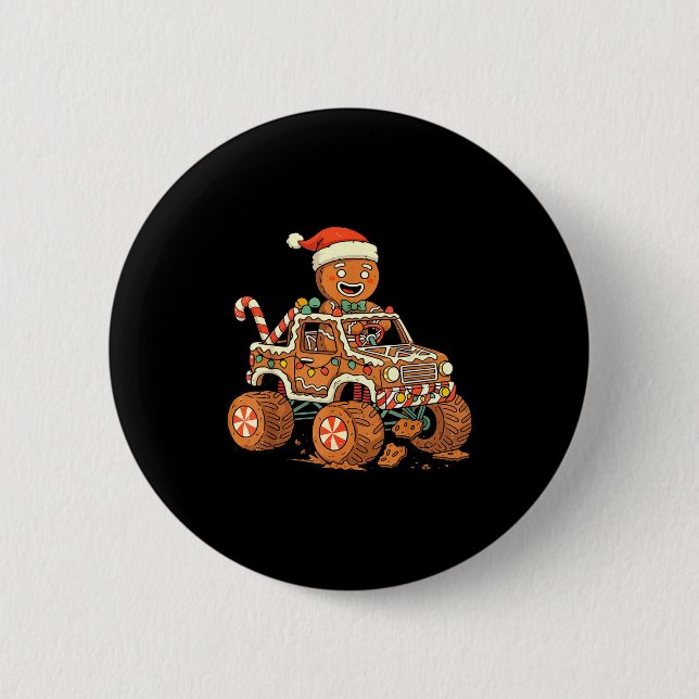 Macaron Rond 5 Cm Christmas Gingerbread Man Driving Truck Xmas Light (Devant)