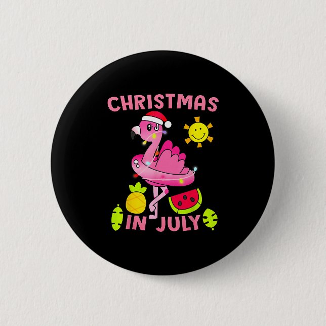 Macaron Rond 5 Cm Christmas In July Flamingo Beach Summer Christmas  (Devant)