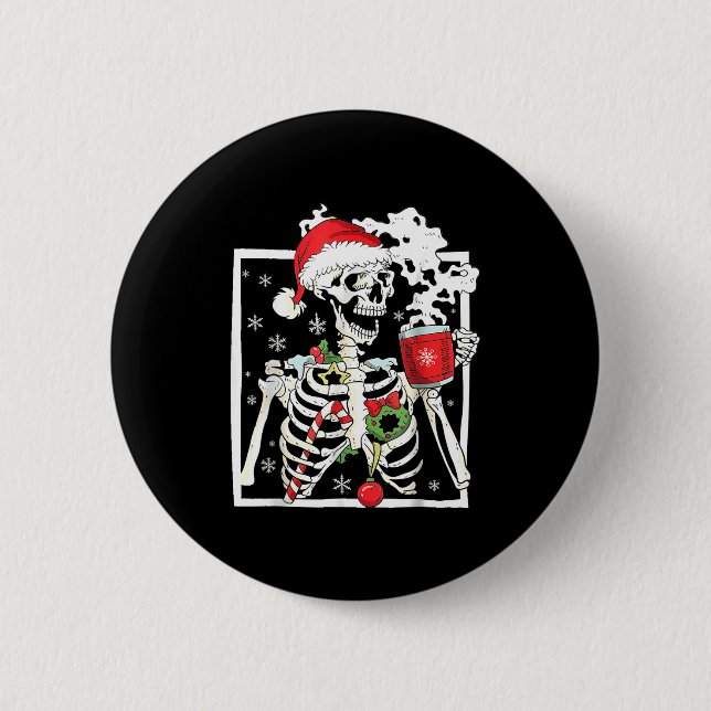 Macaron Rond 5 Cm Christmas Skeleton With Smiling Skull Drinking Cof (Devant)