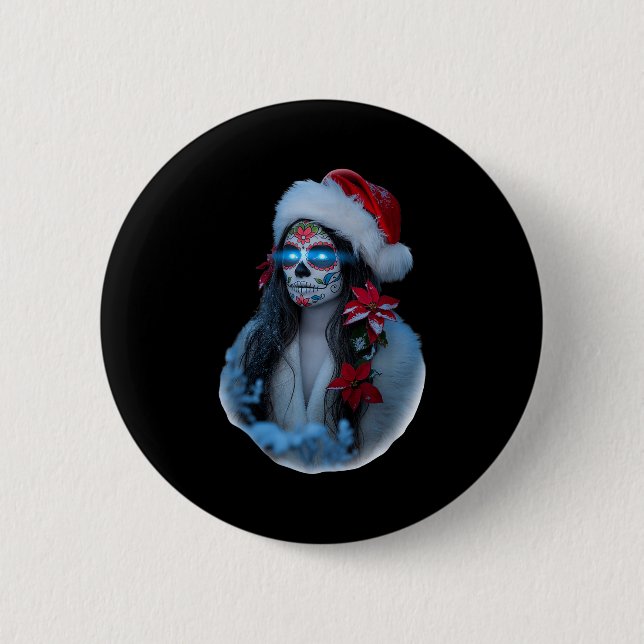 Macaron Rond 5 Cm Christmas Sugar Skull Art Woman Santa Hat Festive  (Devant)
