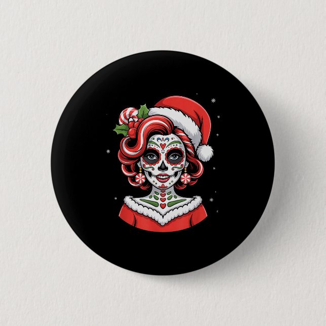 Macaron Rond 5 Cm Christmas Sugar Skull Art Woman Santa Hat Festive  (Devant)