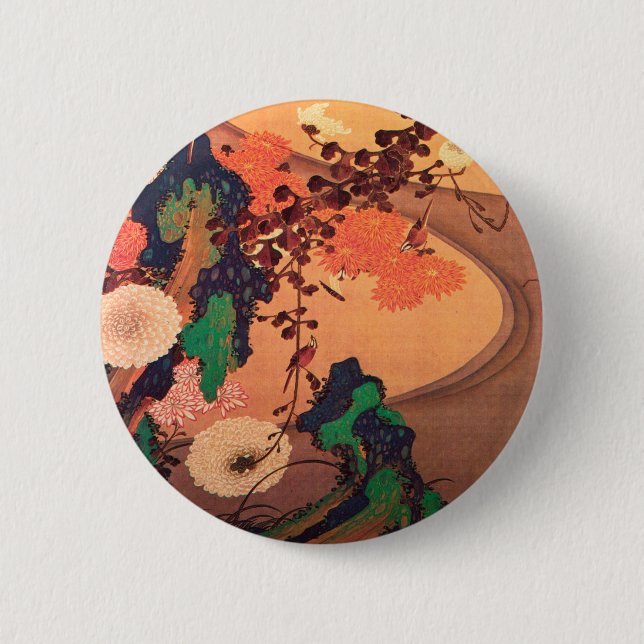 Macaron Rond 5 Cm Chrysanthèmes par un ruisseau avec des rochers (17 (Devant)
