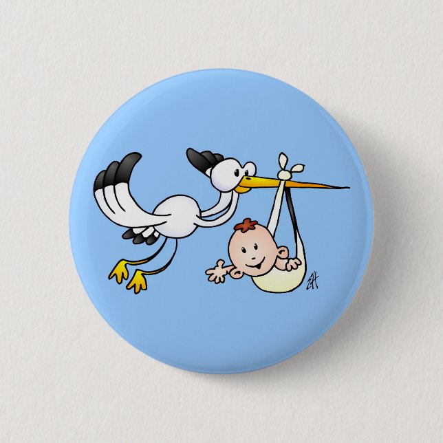 Macaron Rond 5 Cm Cigogne avec le bébé (Devant)