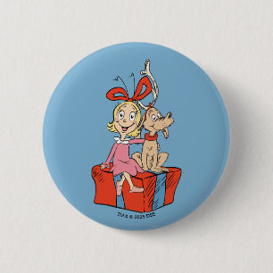 Macaron Rond 5 Cm Cindy Lou Who et Max sur un cadeau