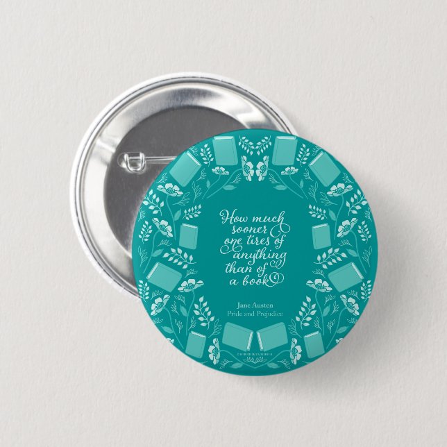 Macaron Rond 5 Cm Citation florale turquoise Fierté et préjudice (Devant & derrière)