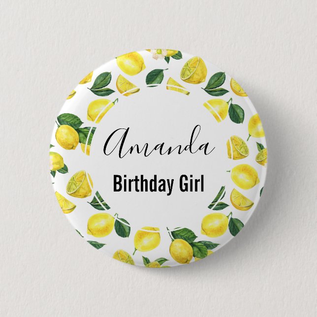 Macaron Rond 5 Cm Citrons Jaunes Aquarelle Motif Anniversaire Fille (Devant)