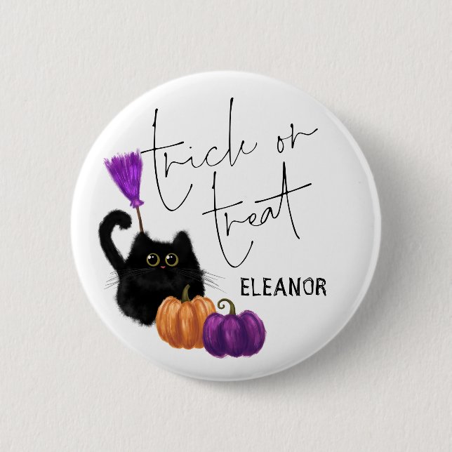 Macaron Rond 5 Cm Citrouille de chat Broomstick Halloween Trick Nom  (Devant)