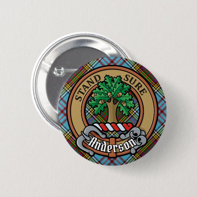 Macaron Rond 5 Cm Clan Anderson Crest sur Tartan (Devant & derrière)