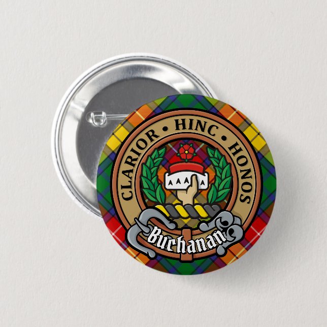 Macaron Rond 5 Cm Clan Buchanan Crest sur Tartan (Devant & derrière)