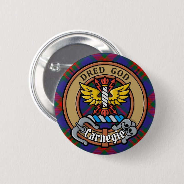 Macaron Rond 5 Cm Clan Carnegie Crest sur Tartan (Devant & derrière)