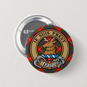 Macaron Rond 5 Cm Clan Fraser de Lovat Crest sur Tartan