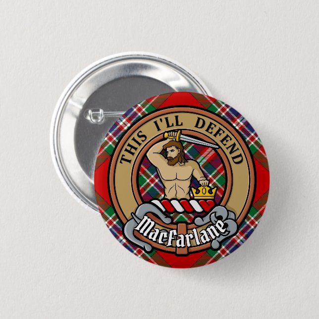 Macaron Rond 5 Cm Clan MacFarlane Crest sur Red Tartan (Devant & derrière)