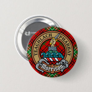 Macaron Rond 5 Cm Clan Morrison Crest sur Red Tartan