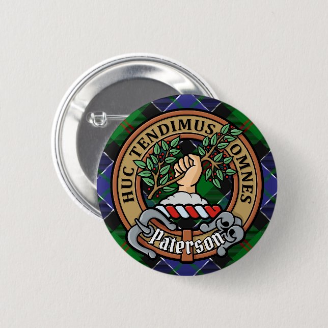 Macaron Rond 5 Cm Clan Paterson Crest sur Tartan (Devant & derrière)