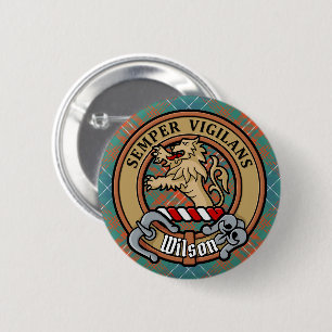 Macaron Rond 5 Cm Clan Wilson Crest au-dessus de Tartan antique
