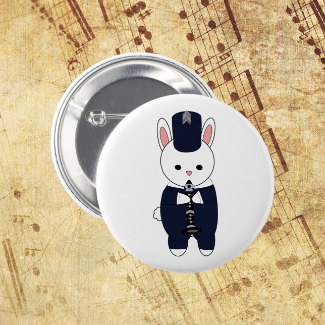 Macaron Rond 5 Cm Clarinet Marching Band Rabbit Marine Blue (A pin back button with a rabbit playing clarinet in a navy blue and white marching band uniform.)