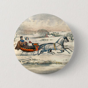 Macaron Rond 5 Cm Classique 1853 Promenade en traîneau Currier Ives 