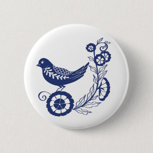 Macaron Rond 5 Cm Classique motif d'oiseau de carreau de Delft bleu
