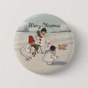 Macaron Rond 5 Cm Classique Vintage Noël Enfant de neige