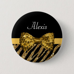 Macaron Rond 5 Cm Classy Gold Zebra Print FAUX Glitz Bow avec nom