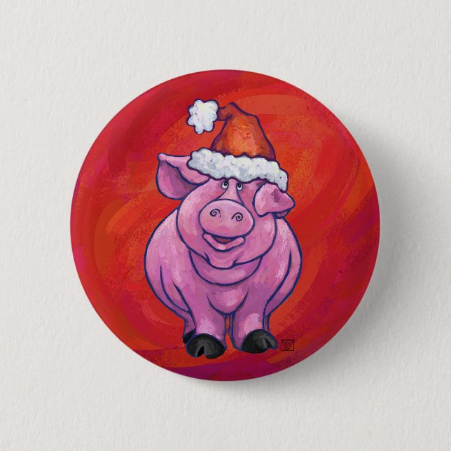 Macaron Rond 5 Cm Cochon mignon à Santa Hat sur rouge (Devant)