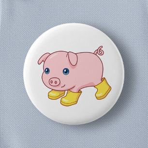 Macaron Rond 5 Cm Cochonnet mignon en bottes jaunes en caoutchouc