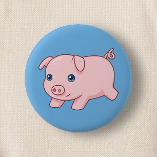 Macaron Rond 5 Cm Cochonnet mignon en train de courir sur fond bleu