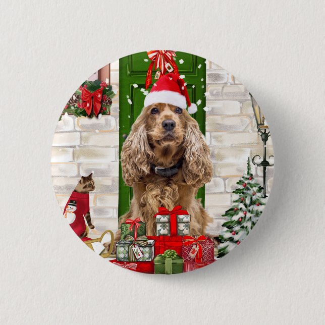 Macaron Rond 5 Cm Cocker Spaniel Chien Noël (Devant)