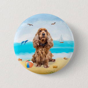 Macaron Rond 5 Cm Cocker Spaniel Chien sur la plage