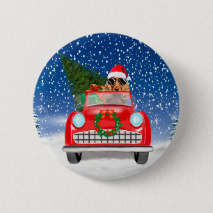 Macaron Rond 5 Cm Cocker Spaniel Dog Driving Car In Snow Christmas
