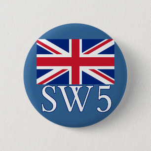 Macaron Rond 5 Cm Code postal SW5 de Londres avec Union Jack