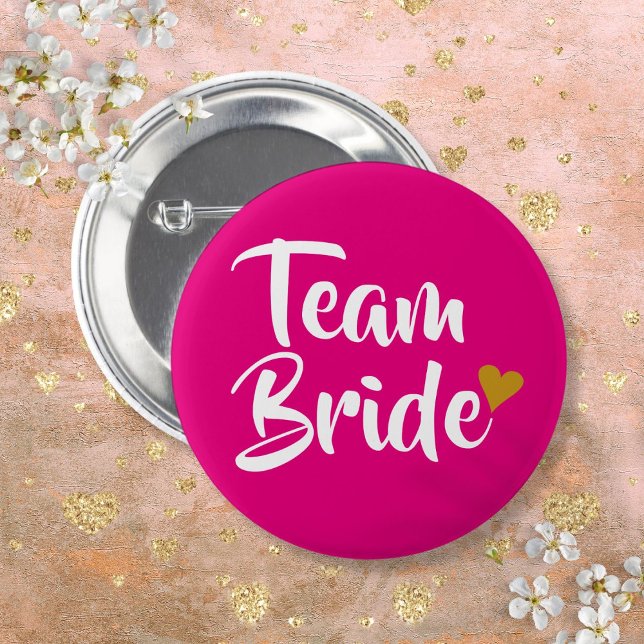 Macaron Rond 5 Cm Coeur d'or de la mariée (Team Bride Gold Heart Pink And Gold Button)