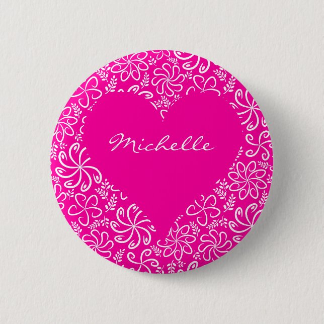 Macaron Rond 5 Cm Coeur floral en rose avec nom (Devant)